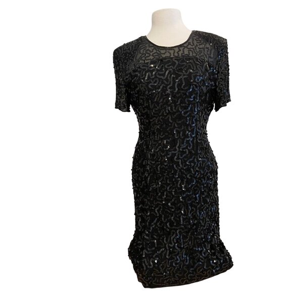NWT Vintage Principles Black Cocktail Dress Silk Sequin Short Sleeve Sheer Back - Picture 10 of 16